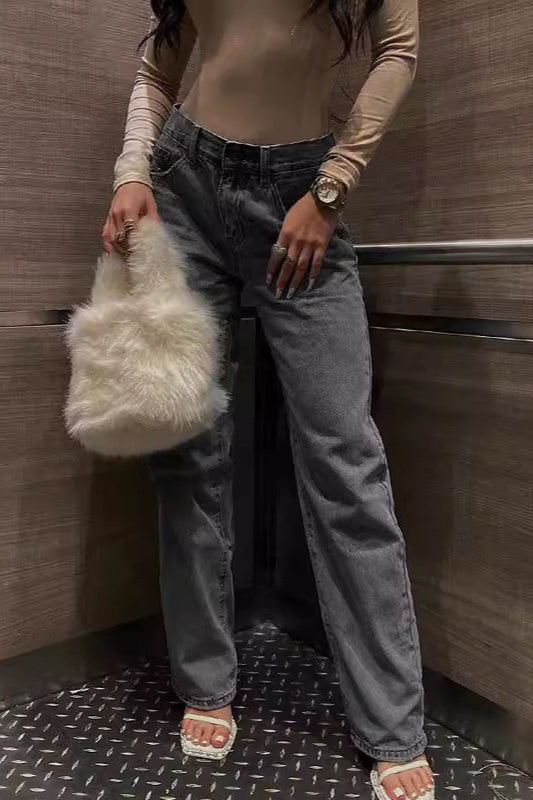 High Waist Ripped Slim Denim Straight Jeans