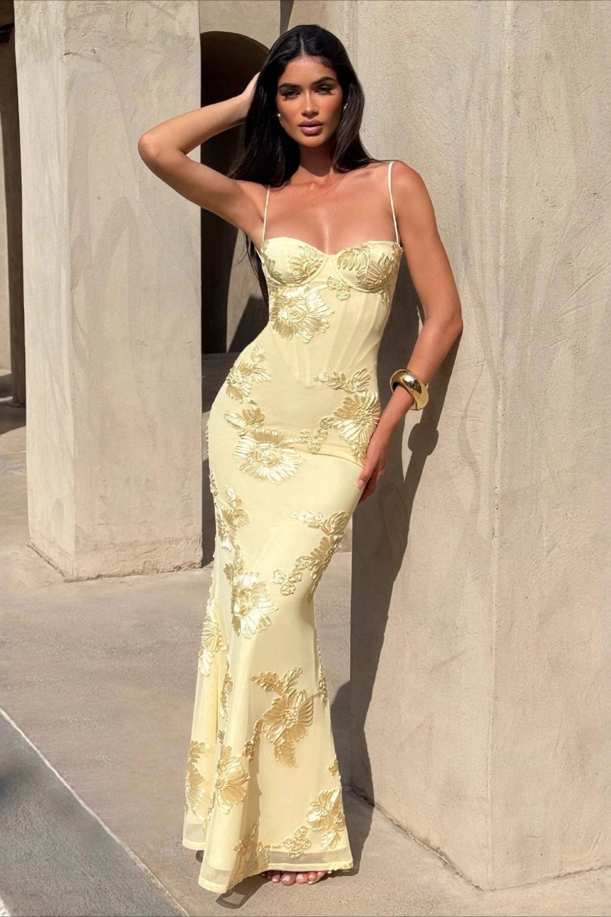 Floral Embellished Slip Gown Prom Dress