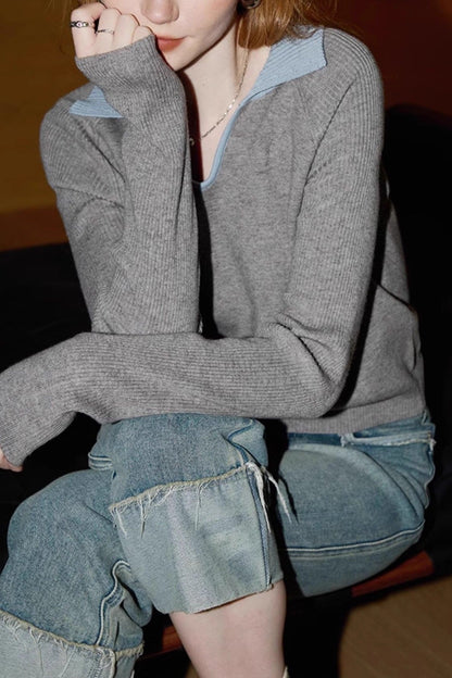 Elegant Grey Ribbed Knit Top