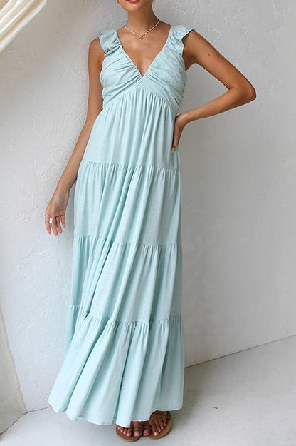 Deep V-Neck Ruffle Strap Tiered Maxi Dress