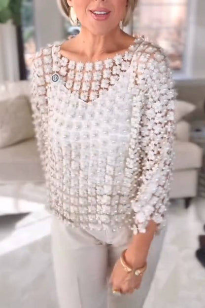 Three-Dimensional Floral Beaded Openwork Blouse