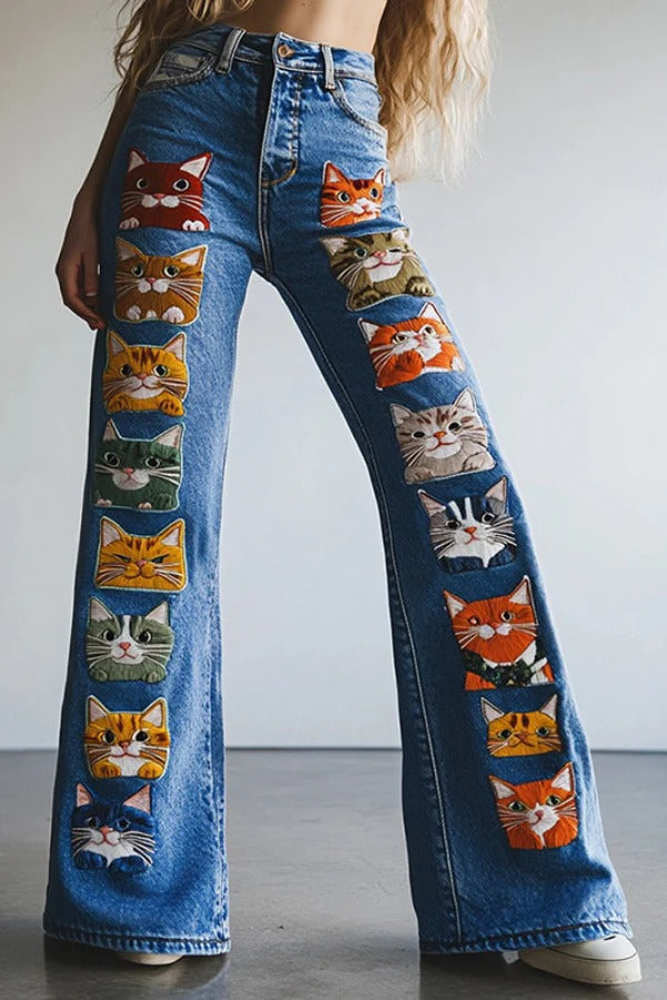 Unique Printed High-waisted Pocket Casual Flared Jeans