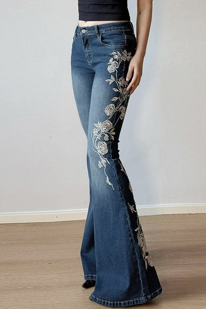 Rose Embroidered Low Rise Flare Leg Jeans