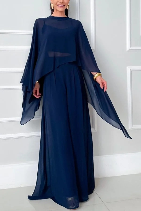 Veronica Chiffon Cape Flowing Top and Elastic Waist Wide-Leg Pants Set