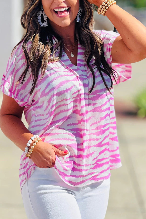 Rose Zebra Striped V-Neck Rolled-up Sleeve Blouse