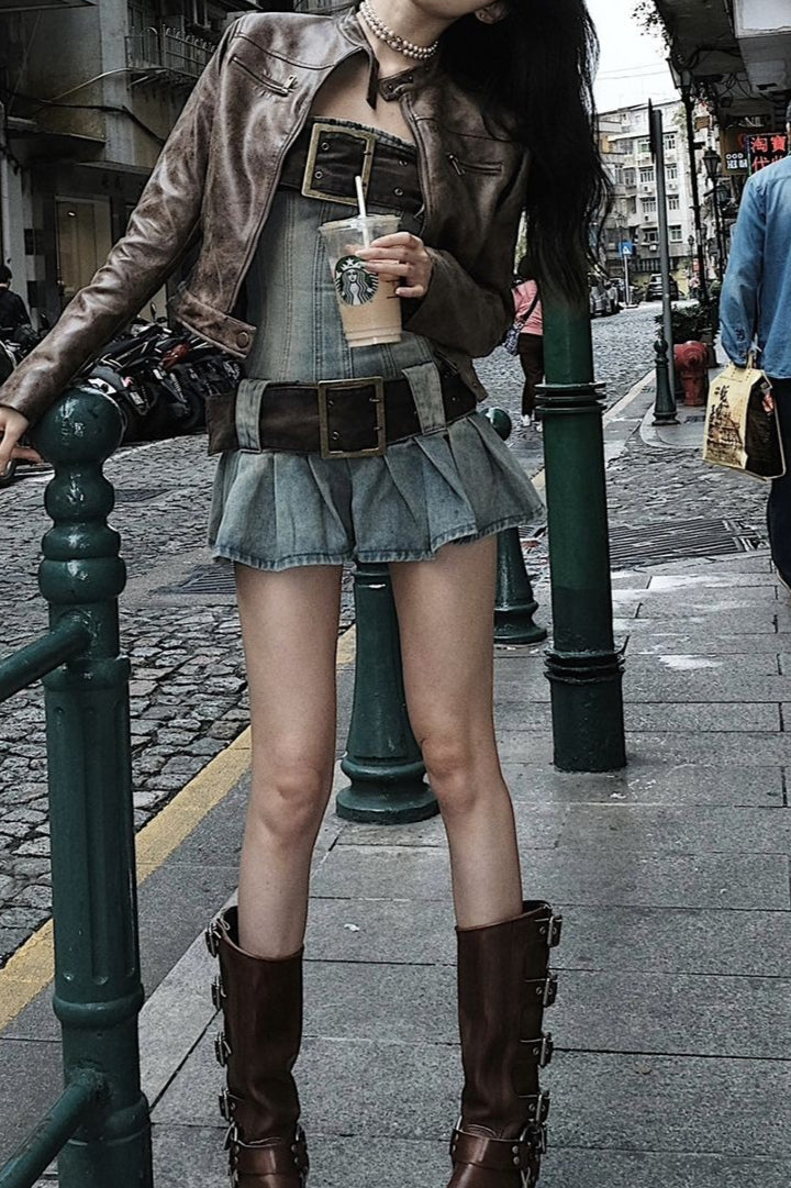 Retro Belted Denim Dress
