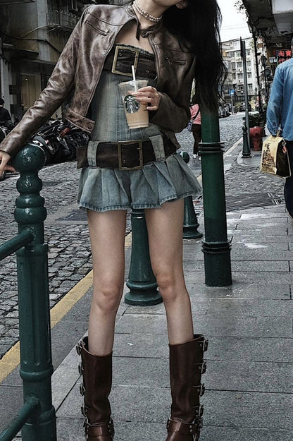 Retro Belted Denim Dress