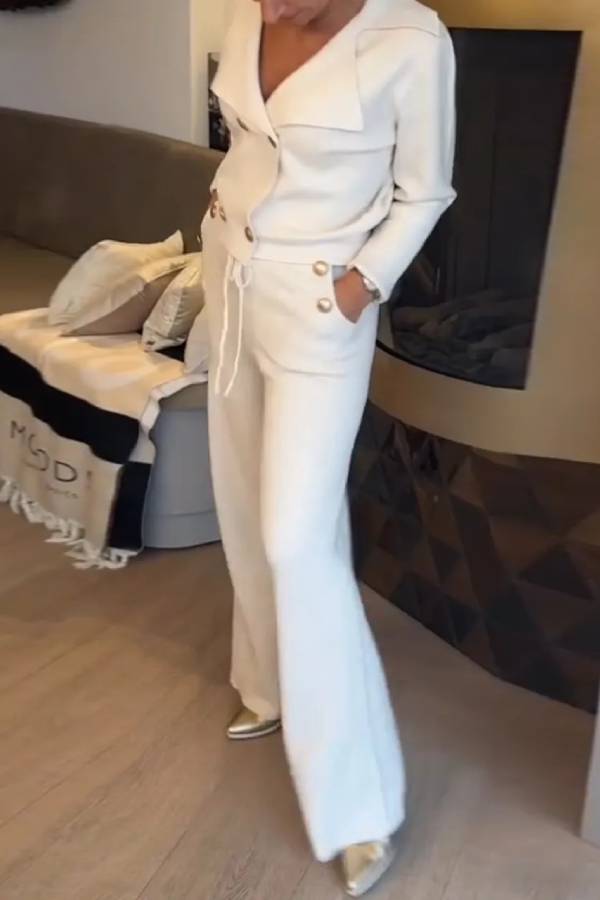 Pearl-button short suit with wide-leg pants