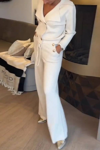 Pearl-button short suit with wide-leg pants