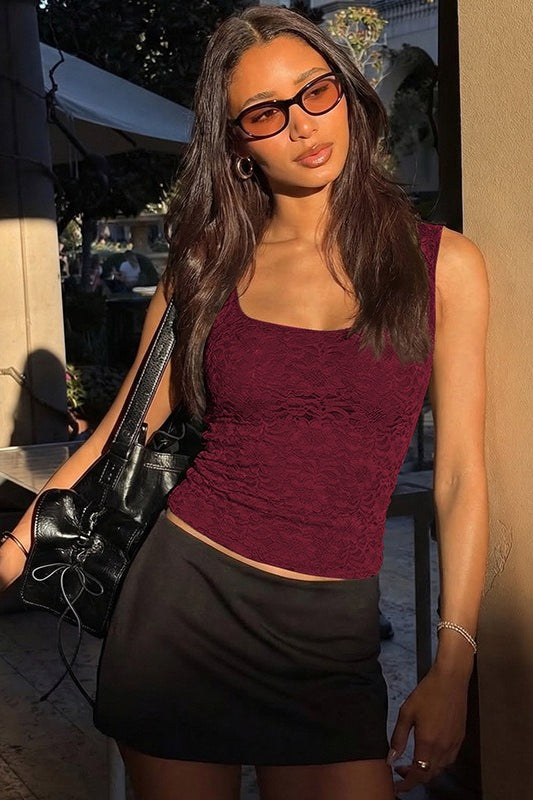 Lace Patchwork Square Neck Slim Tank Top