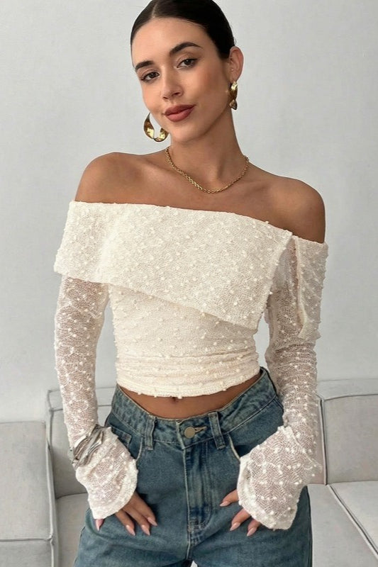 Foldover Off Shoulder Bell Sleeve Lace Tee
