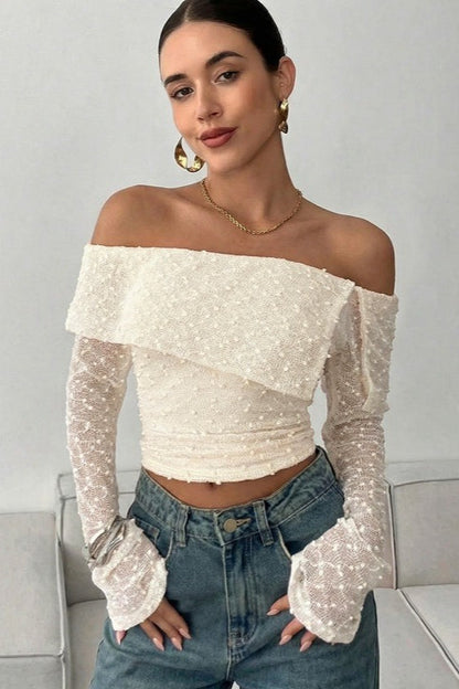 Foldover Off Shoulder Bell Sleeve Lace Tee