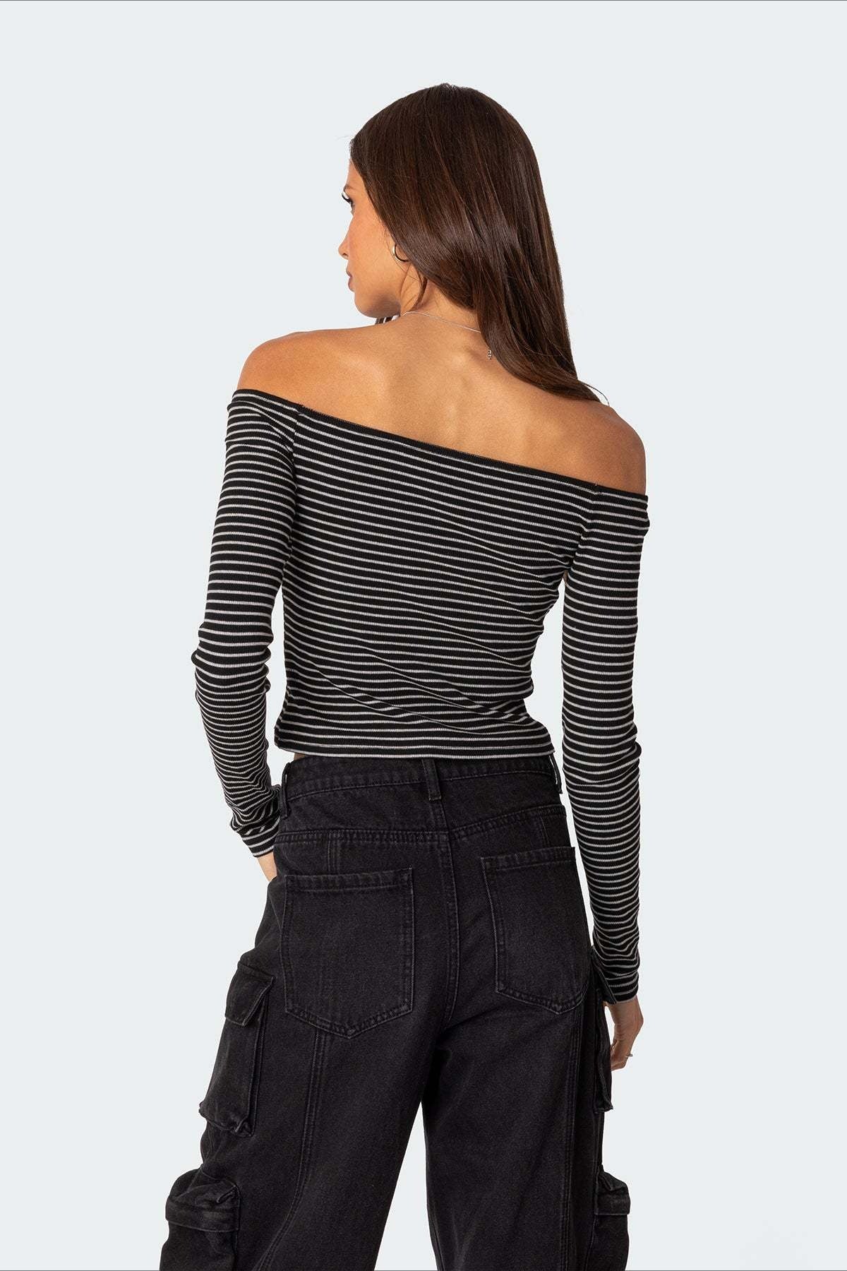 Striped Off Shoulder Bodycon Knit Top