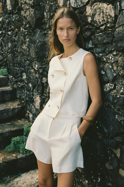 Linen Blend Pleated Casual Shorts