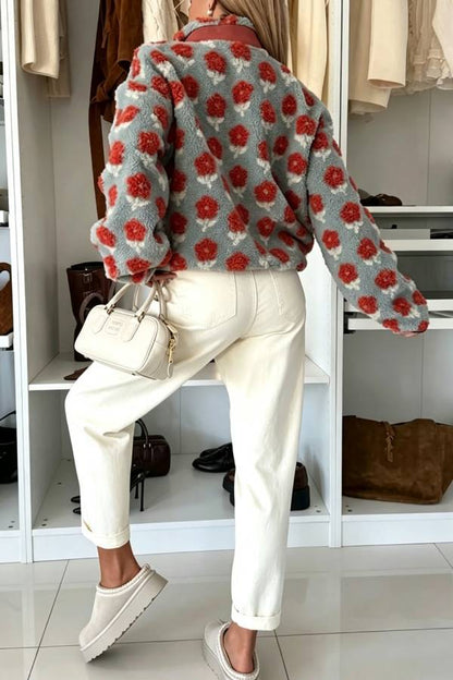 Escape From Winter Printed Teddy Bear Fleece Material Contrast Color Long Sleeve Pocket Zipper Coat