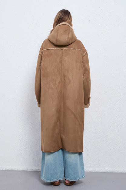 Hooded Suede Shearling Horn Button Long Thick Overcoat