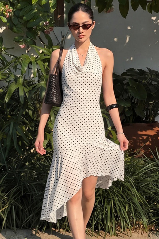 Polka Dot Halter Asymmetrical Hem Midi Dress