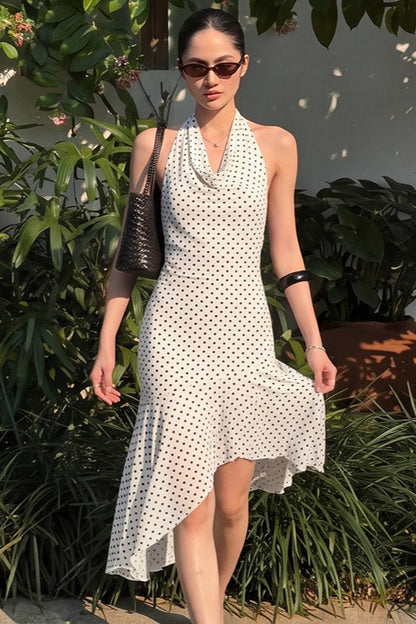 Polka Dot Halter Asymmetrical Hem Midi Dress