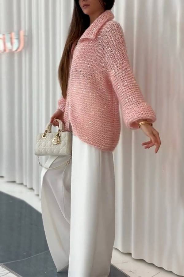 Peach Pink Open Knit Sequin Zip Cardigan Oversized Balloon Sleeve Sweater