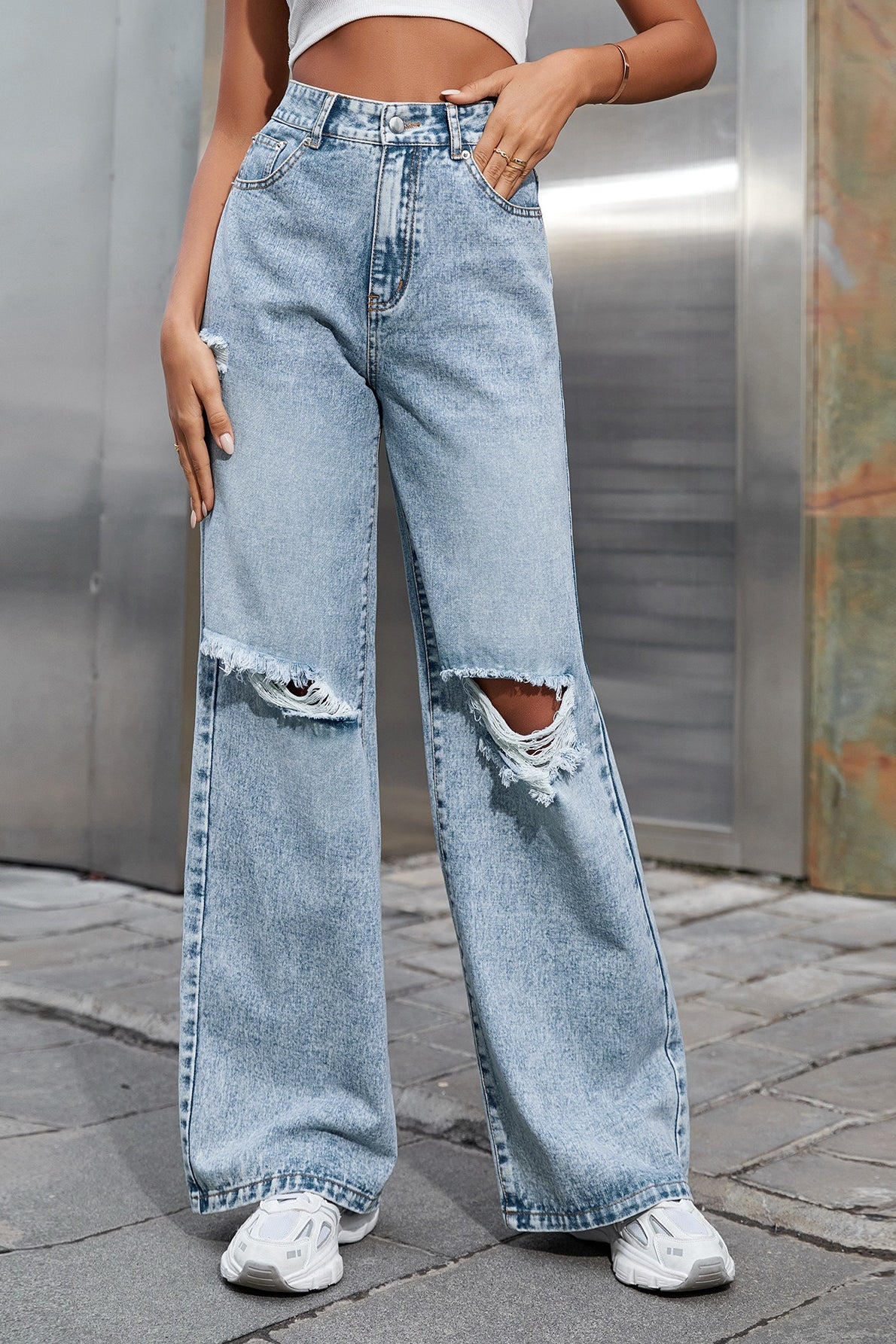 Ripped High Waist Casual Wide Leg Jeans