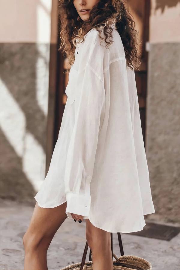 Go To The Beach Linen Blend Pocketed Long Sleeve Oversized Shirt
