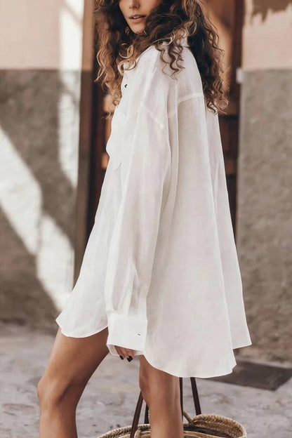 Go To The Beach Linen Blend Pocketed Long Sleeve Oversized Shirt