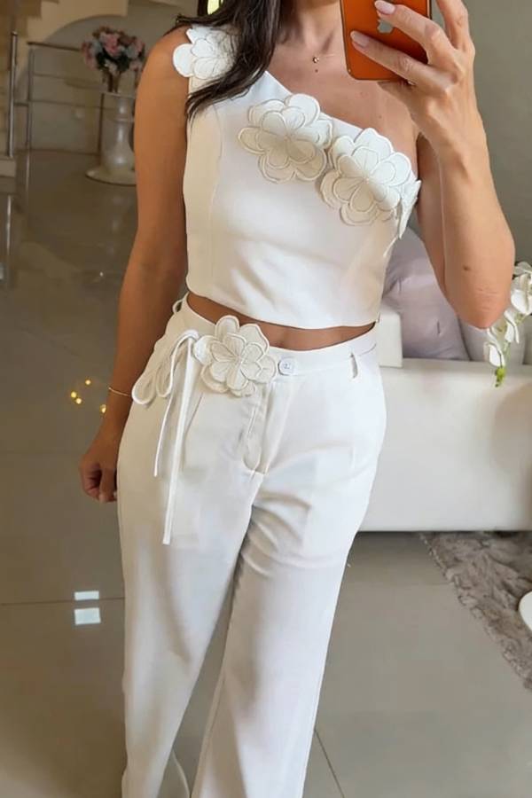 Alick Floral Detail One Shoulder Crop Top and Floral Belt High Waist Pocket Wide Leg Pants Set