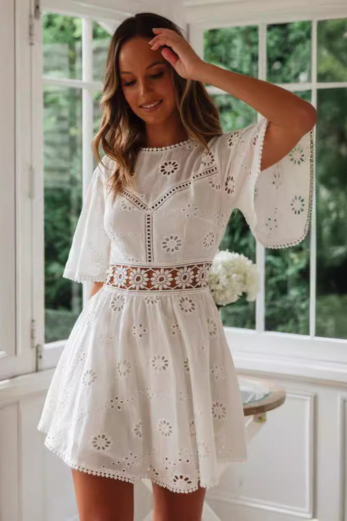 Cutout Round Neck Short Sleeve Boho Dress