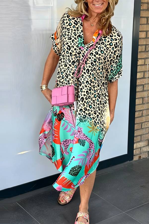 Gradient Leopard Print Tropical Floral Loose Dress