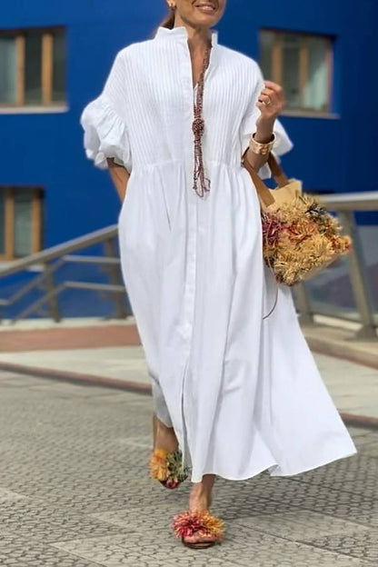 Stand‑Collared Puff Sleeve Tie‑Waist Shirt Midi Dress