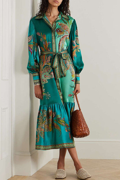Paisley Print Lantern Sleeve Lace Up Belted Ruffle Hem Midi Shirt Dress