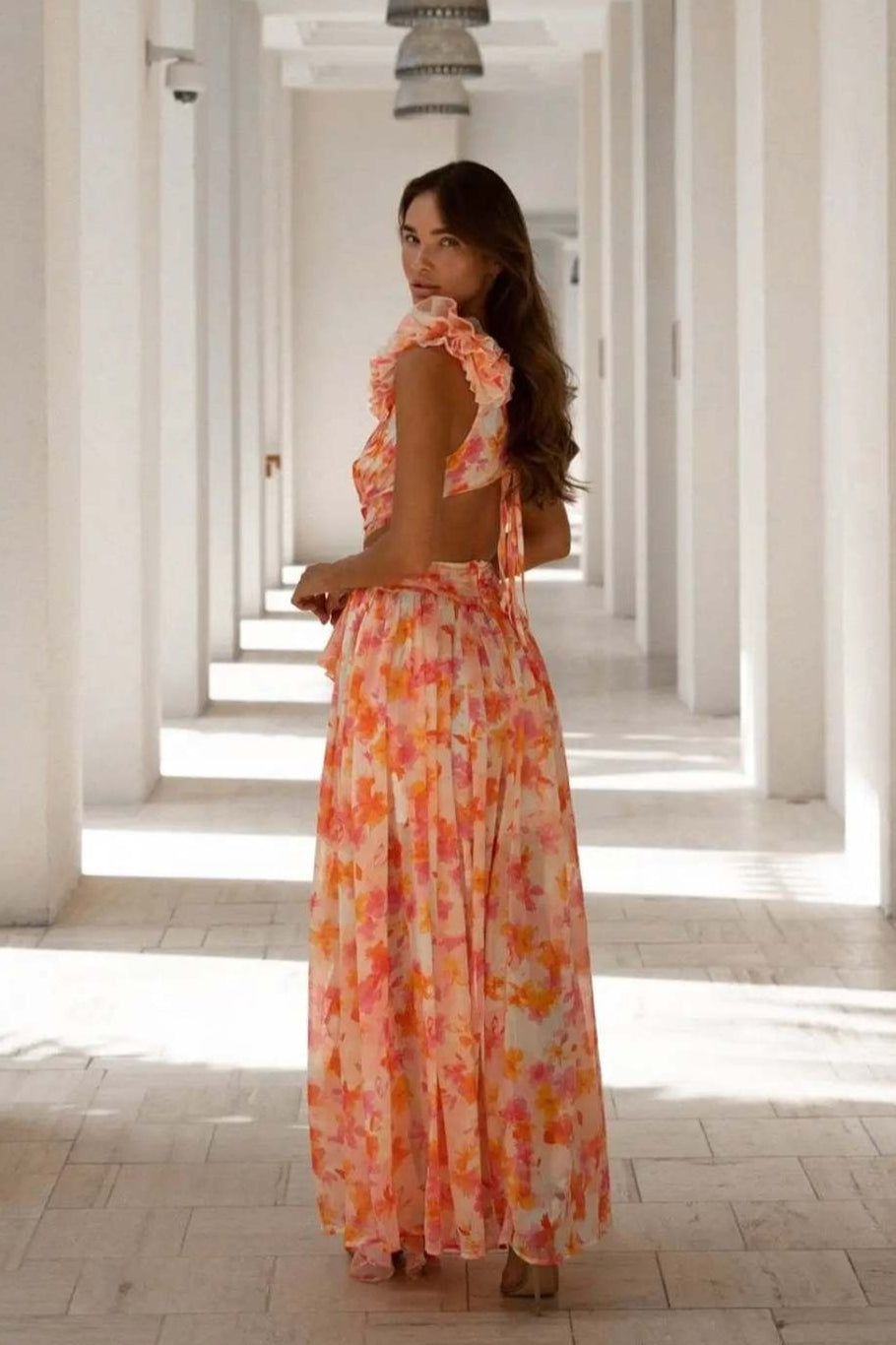 Deep V Backless Cutout Ruffle Floral Dress