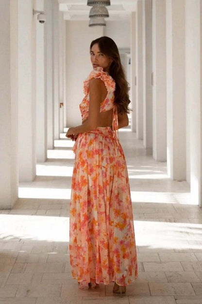 Deep V Backless Cutout Ruffle Floral Dress