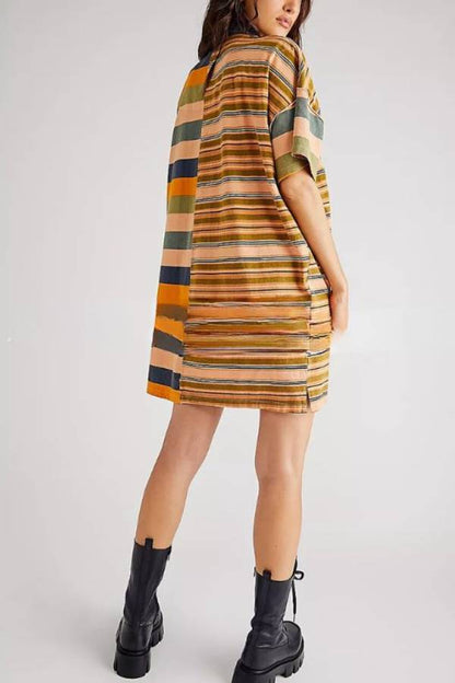 Mid-length Sleeve Lapel Contrast Striped Loose Casual Dress