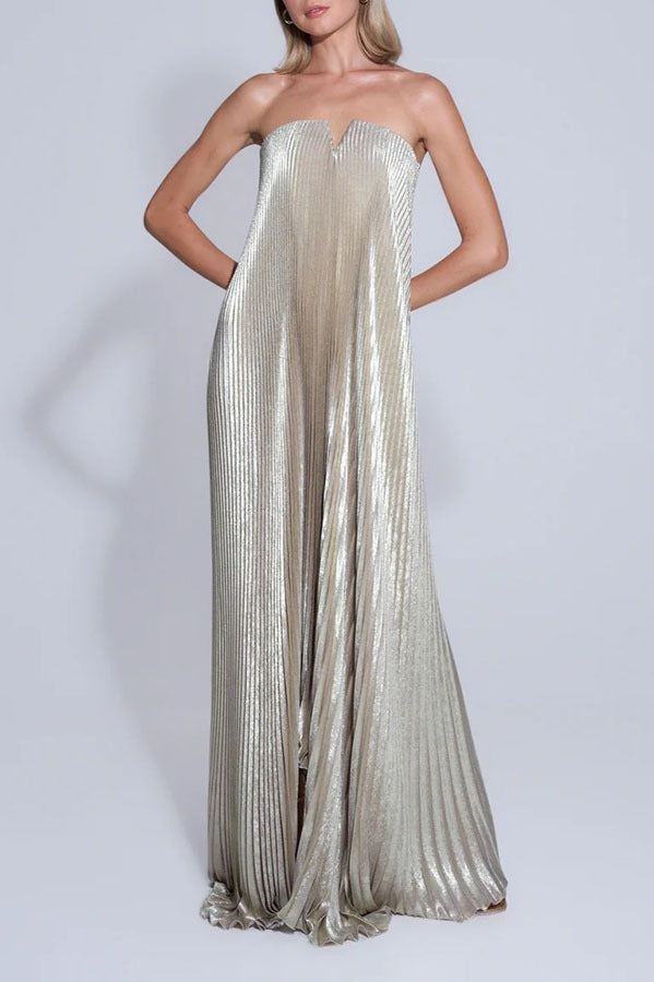 Strapless Pleated Maxi Ball Gown Formal Dress