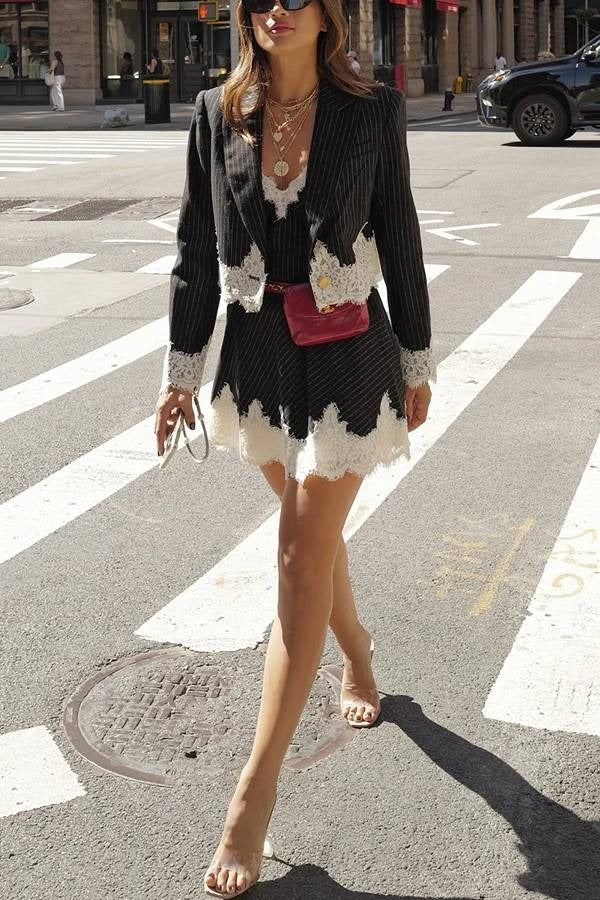 Pinstripe Lace Trim Blazer & Slip Mini Skirt 2 Piece Retro Office Set