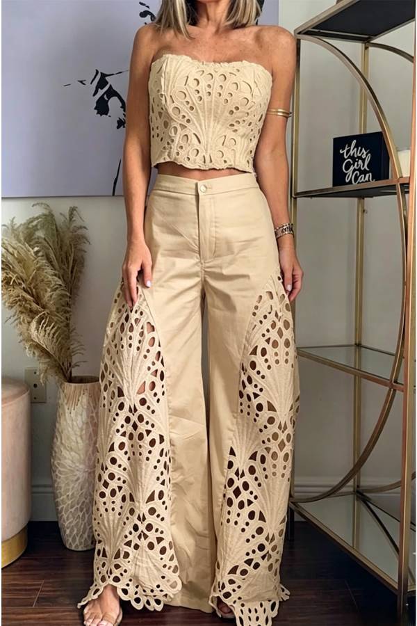 Sienna Embroidered Cut-Out Palazzo Pants Two-Piece Set