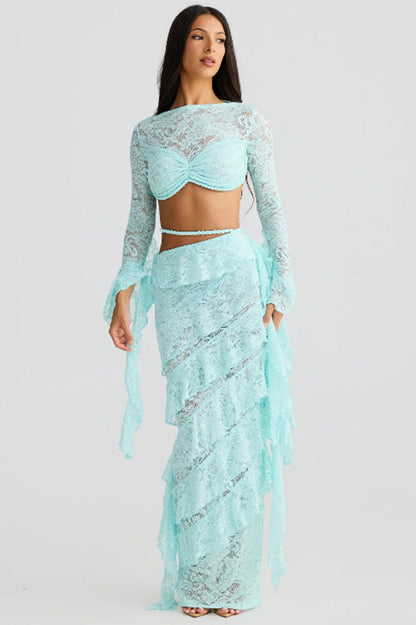Lace Trim Layered Ribbon Tie Skirt Set