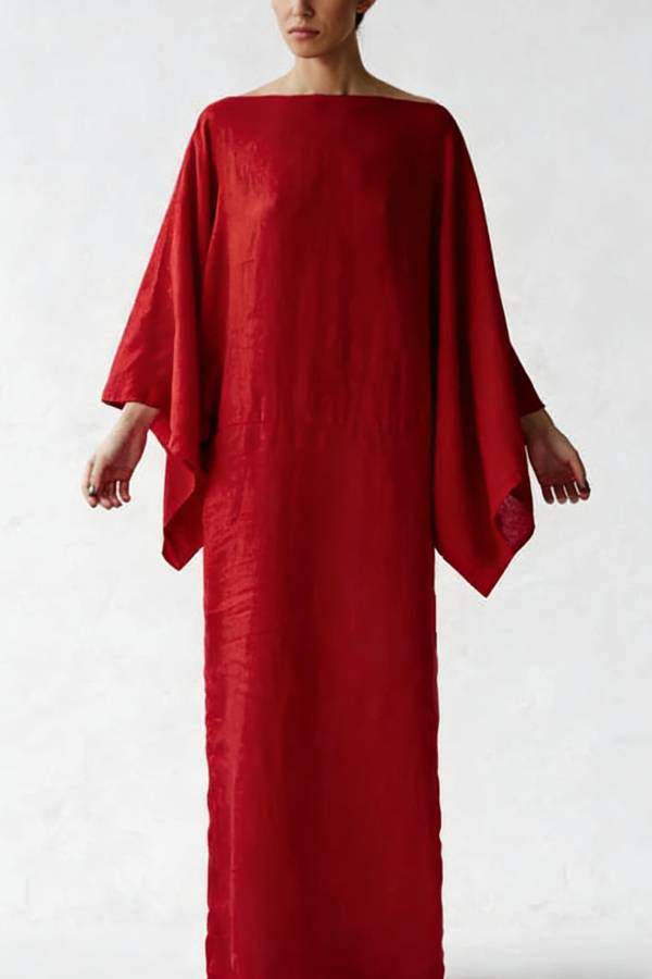 Stacie Linen Blend Wide Neck Batwing Sleeves Tie-up Waist H-line Maxi Dress