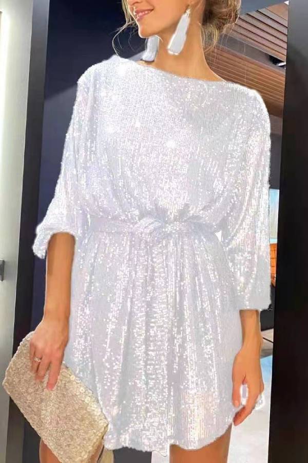 Boat Neck All Over Sequin Waist Tie 3/4 Sleeve Mini Party Dress