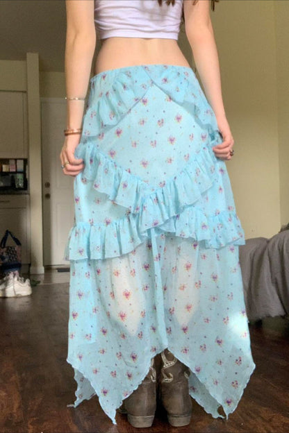 Floral Ruffle Asymmetric Sheer Mesh Vacation Maxi Skirt