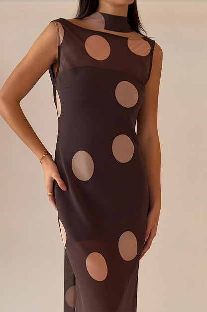 Sheer Mesh Polka Dot Scarf Collar Boat Neck Maxi Dress