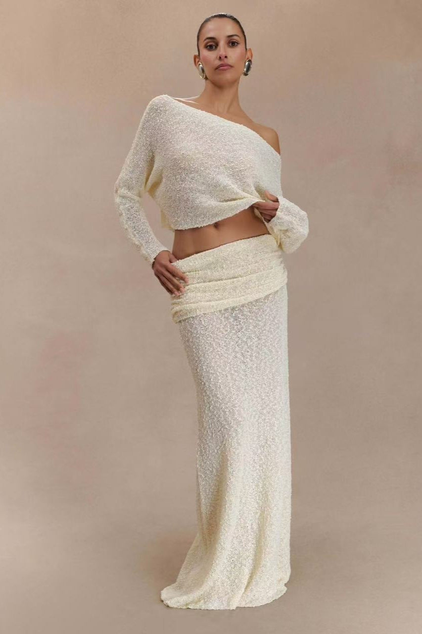Ribbed Knit Off Shoulder Maxi Skirt Set