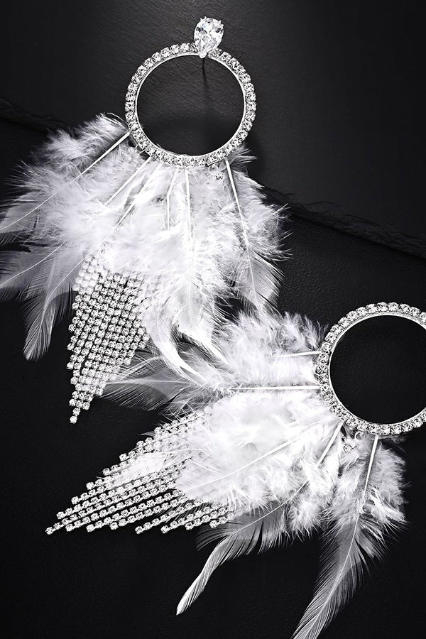 Rhinestone and Feather Tassel Earrings