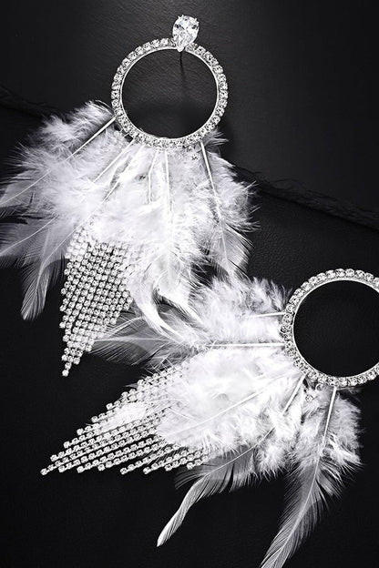Rhinestone and Feather Tassel Earrings