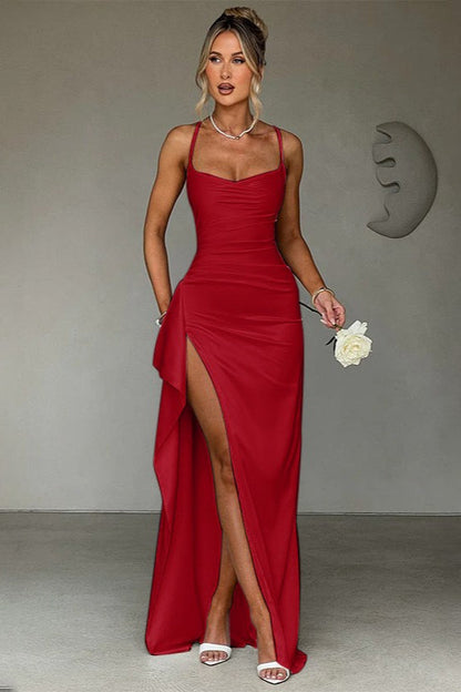 Satin Spaghetti Strap Ruched Drape High Split Bodycon Maxi Mini Dress
