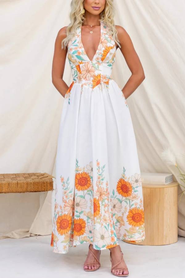 Sunflower Print Halter Backless Waist Tiered Maxi Dress