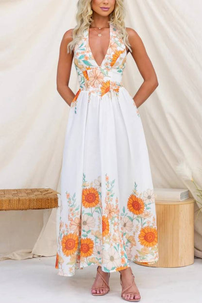 Sunflower Print Halter Backless Waist Tiered Maxi Dress