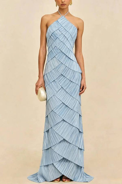 Modern Day Glam Tiered Pleat Design Sleeveless Halter Gown Maxi Dress