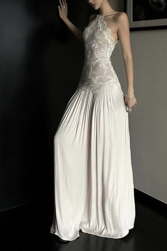 Spice Girl Lace Insert Backless Slip Prom Dress